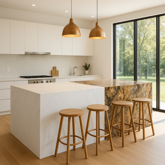 Modern kitchen island with half porcelain and half quartzite countertop under pendant lights
