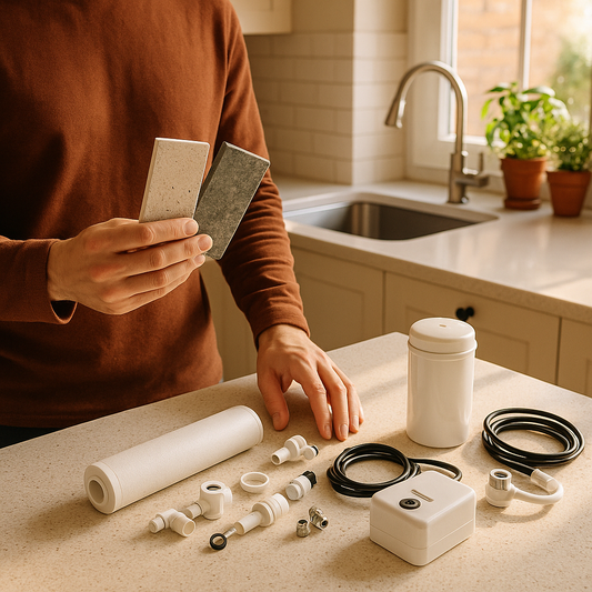 Homeowner comparing countertop stone samples and under-sink water filter components on a bright kitchen island