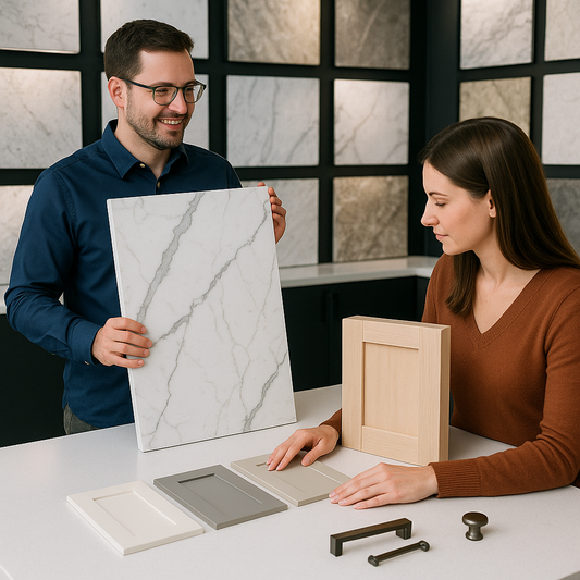 Designer and homeowner examining a quartz slab before cabinet selection in a bright showroom