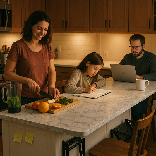 Family using a kitchen island for meal prep, homework, and coffee station