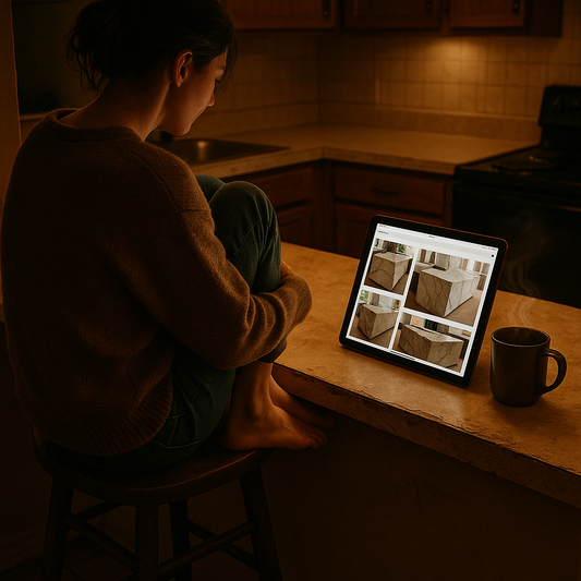 Person holding a tablet in a dimly lit kitchen, coffee mug on the counter, browsing images of marble islands while old laminate countertops sit behind