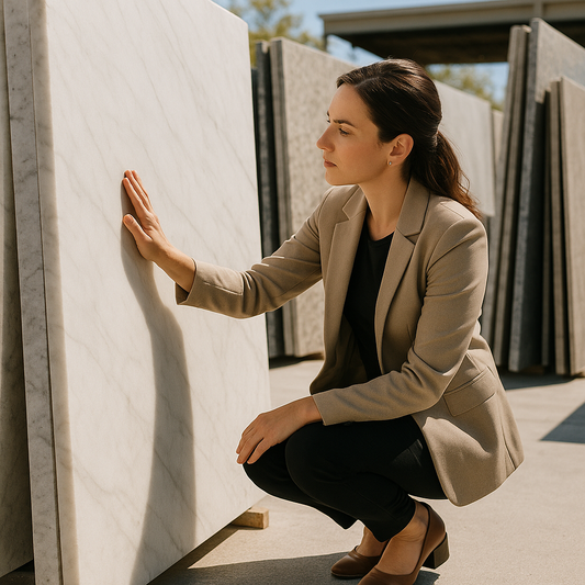 Interior designer inspecting large stone slab in a bright warehouse