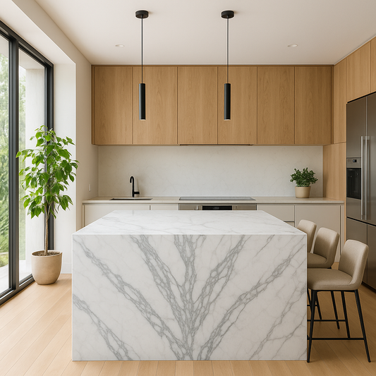 Spacious modern kitchen showcasing a large marble countertop island as the focal point