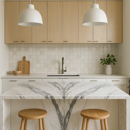 Contemporary kitchen island with bold book-matched marble slab and artisanal irregular porcelain tile backsplash