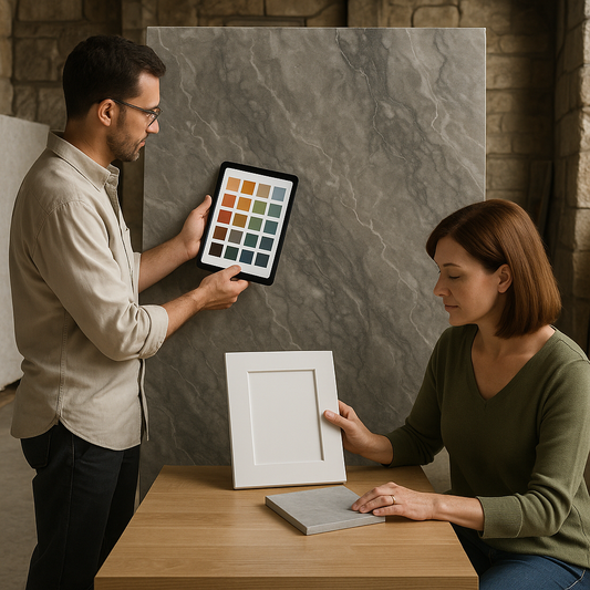 Designer and homeowner reviewing a smoky gray marble slab in a bright stone showroom with tile and cabinetry samples laid out