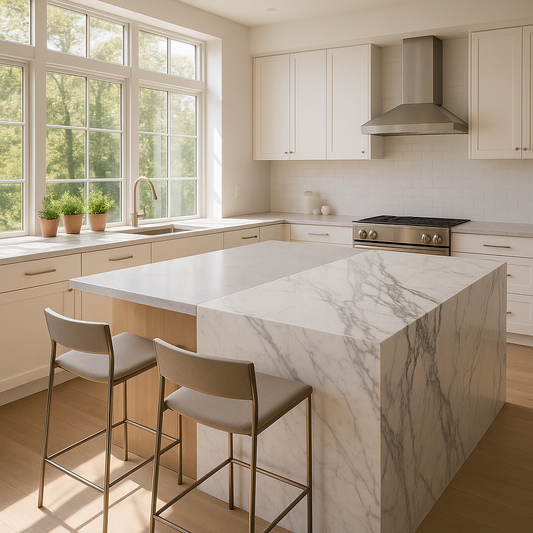 Modern kitchen showcasing quartz and natural stone countertop materials on display