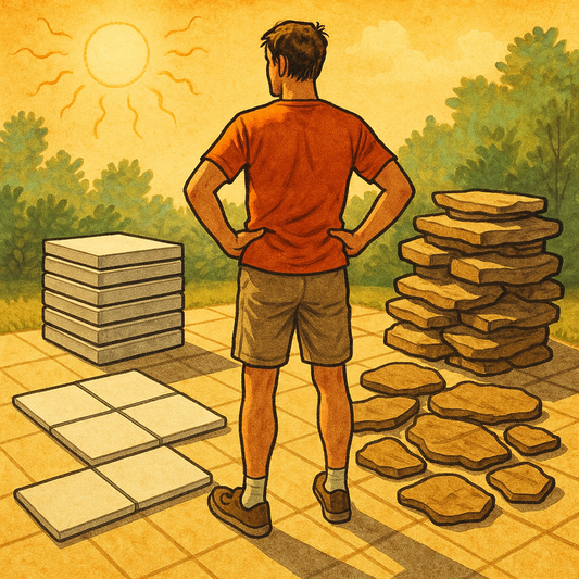 Homeowner comparing a pile of porcelain tiles and natural flagstones on a sunny patio