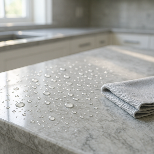 Close-up of a polished marble countertop with water beading on the surface and a soft cloth beside it
