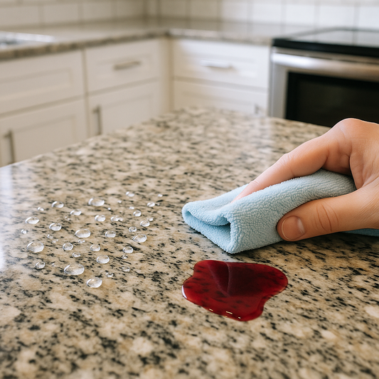 Sunlit granite countertop with water droplets beading on its sealed surface