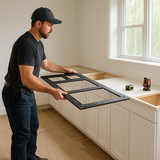 Professional installer placing a granite countertop template on cabinets before flooring
