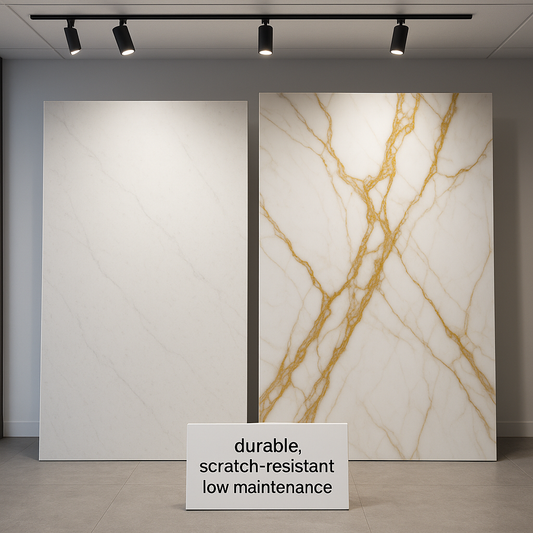 Two large engineered slabs—one quartz and one porcelain—displaying realistic marble veining in a well-lit showroom