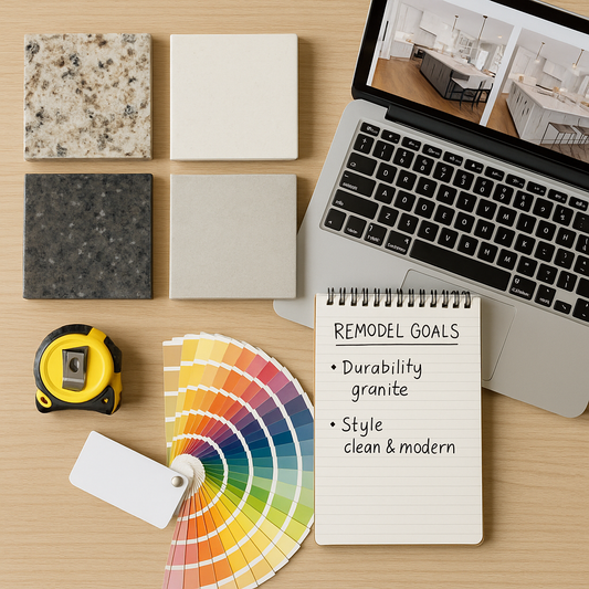Overhead view of countertop material samples, project notes, and swatches laid out on a wooden table