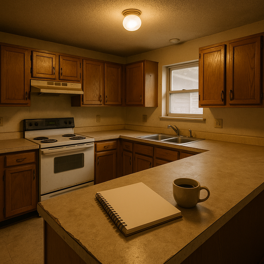 Outdated kitchen counters and cabinets awaiting transformation