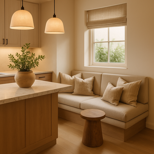Cozy kitchen nook with banquette seating beside a large stone countertop under soft lighting