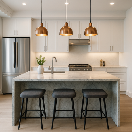 Contemporary kitchen island with dramatic waterfall countertop