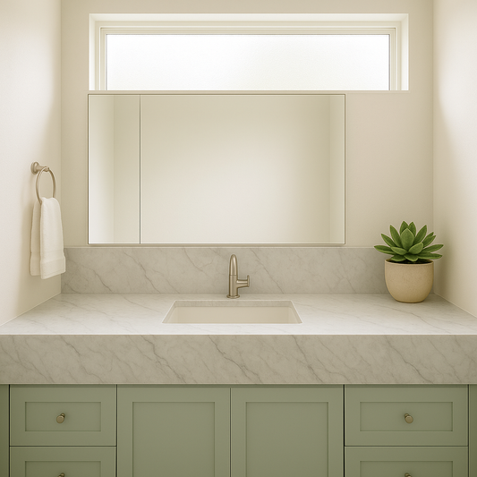 Serene bathroom featuring a single oversized honed marble countertop
