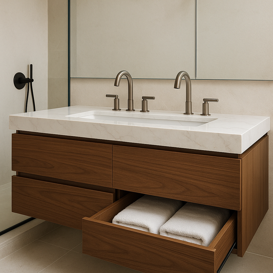 Serene spa-inspired bathroom vanity with custom stone slab countertop and soft-close drawers