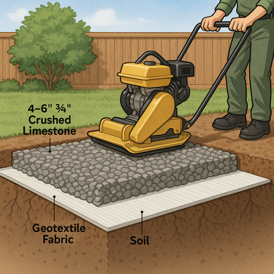 Cross-sectional view of geotextile fabric beneath compacted crushed limestone base layer