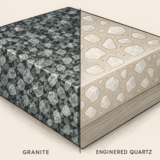 Microscopic cross-section of a stone and composite countertop slab showing interlocking mineral crystals and polymer matrix
