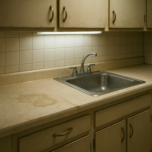 Worn laminate kitchen countertop with visible seams and stains before renovation