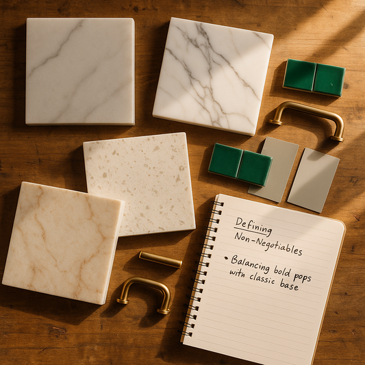 A spread of countertop and tile samples fanned out on a wooden table under natural daylight