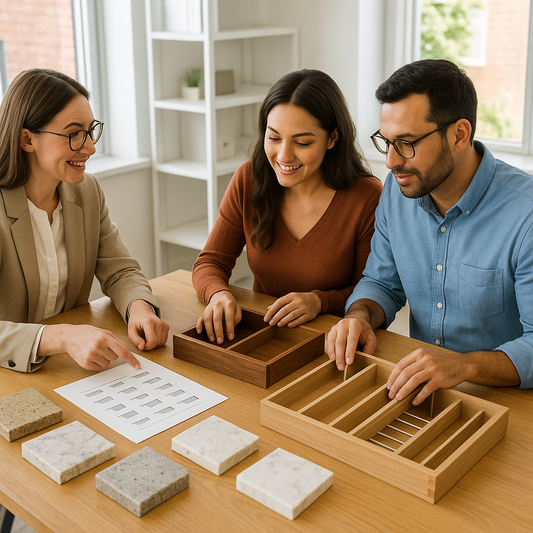 Designer and homeowners reviewing countertop and cabinet samples around a table