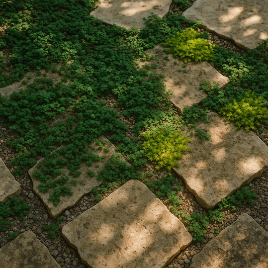 Backyard patio with irregular stone pavers and lush green living seams