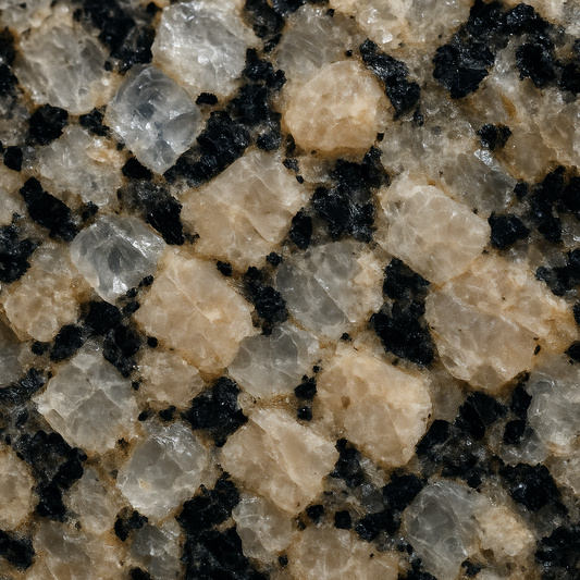 Macro close-up of interlocked quartz and feldspar crystals in a granite slab, highlighting dense mineral structure