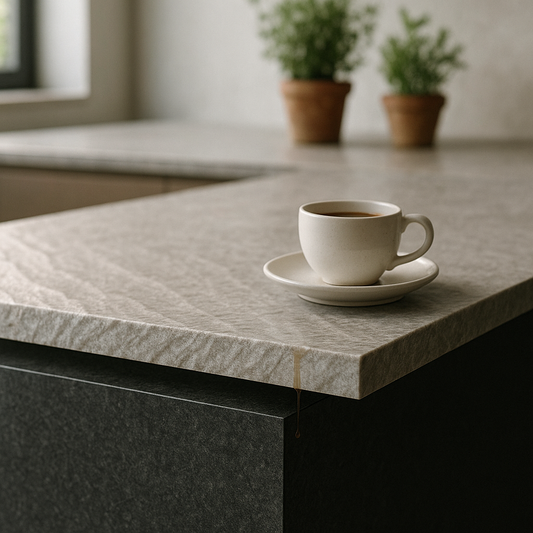 Close-up of a leathered marble countertop meeting a honed granite island with paper-thin quartzite waterfall edge