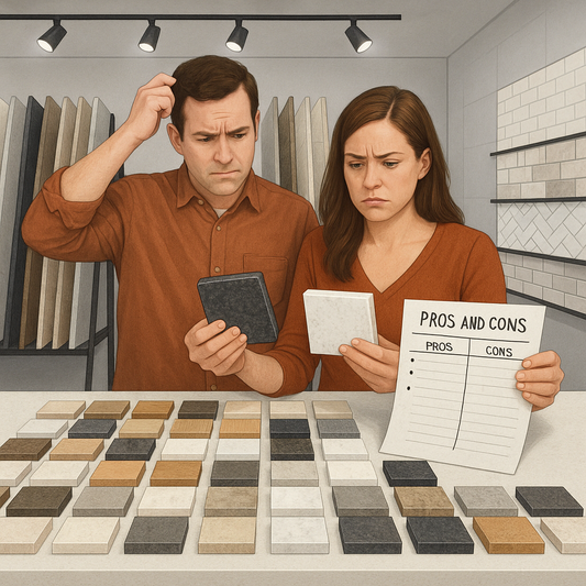 Overwhelmed homeowners comparing countertop material samples under showroom lighting